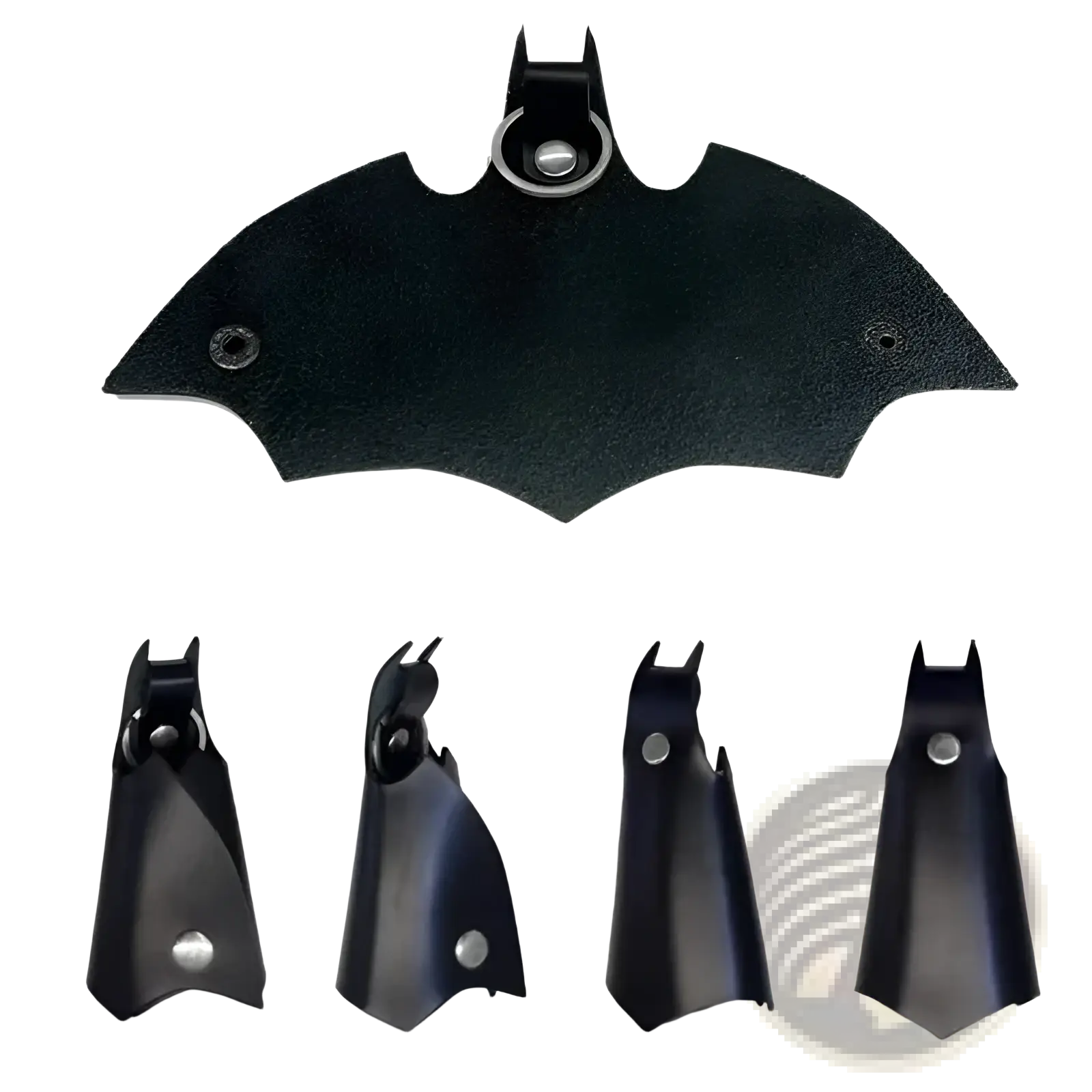 Black leather batman-shaped keychain with metallic ring and rivets for secure card holder attachment