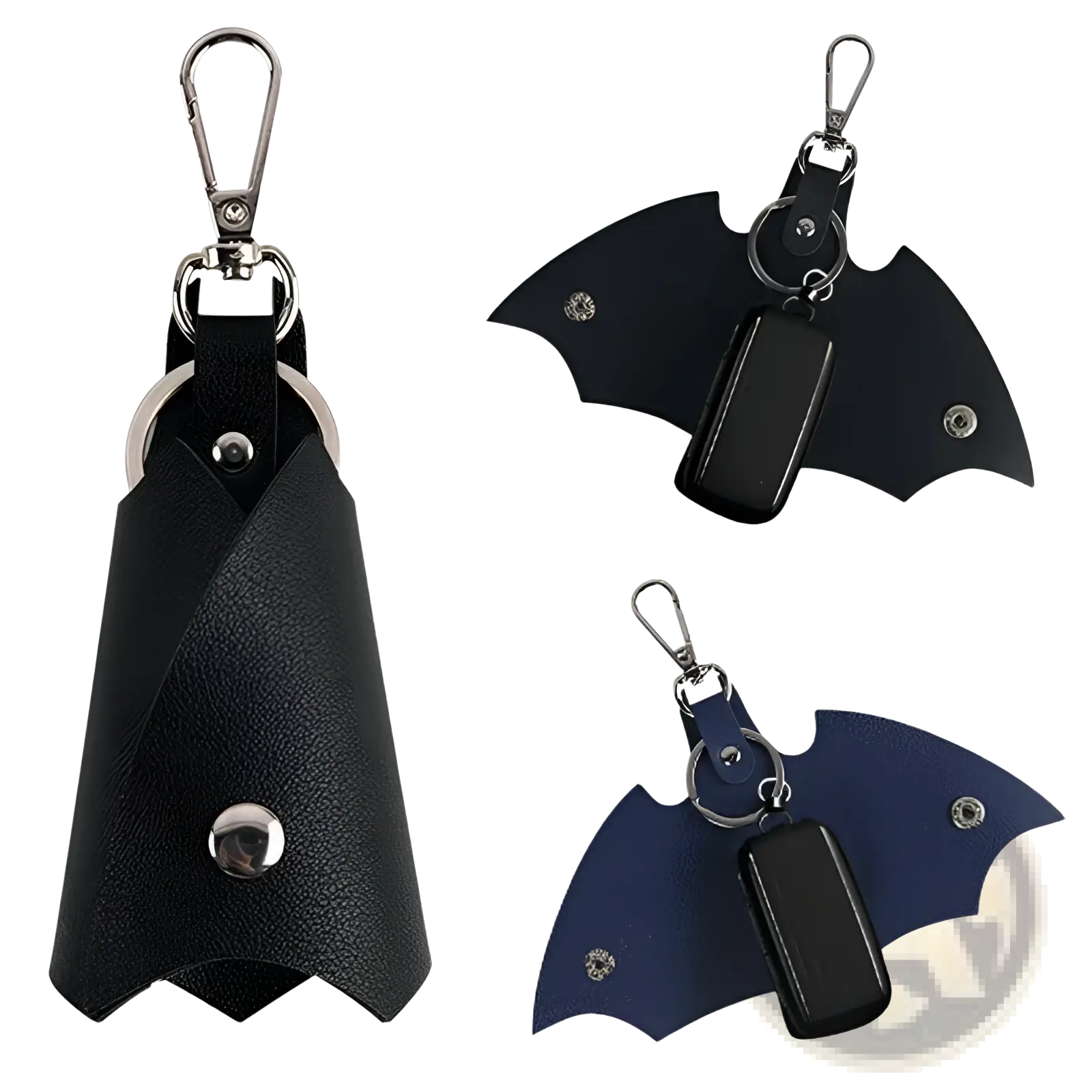 Black leather batman-shaped keychain with silver hardware and matching black leather card holder for everyday use