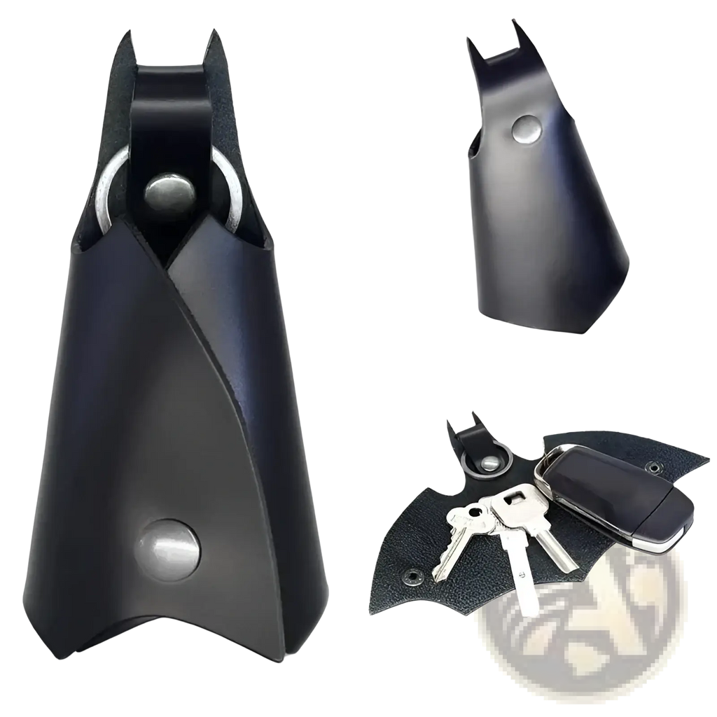 Black leather batman leather keychain and card holder with silver-toned metal ring and snap button closure