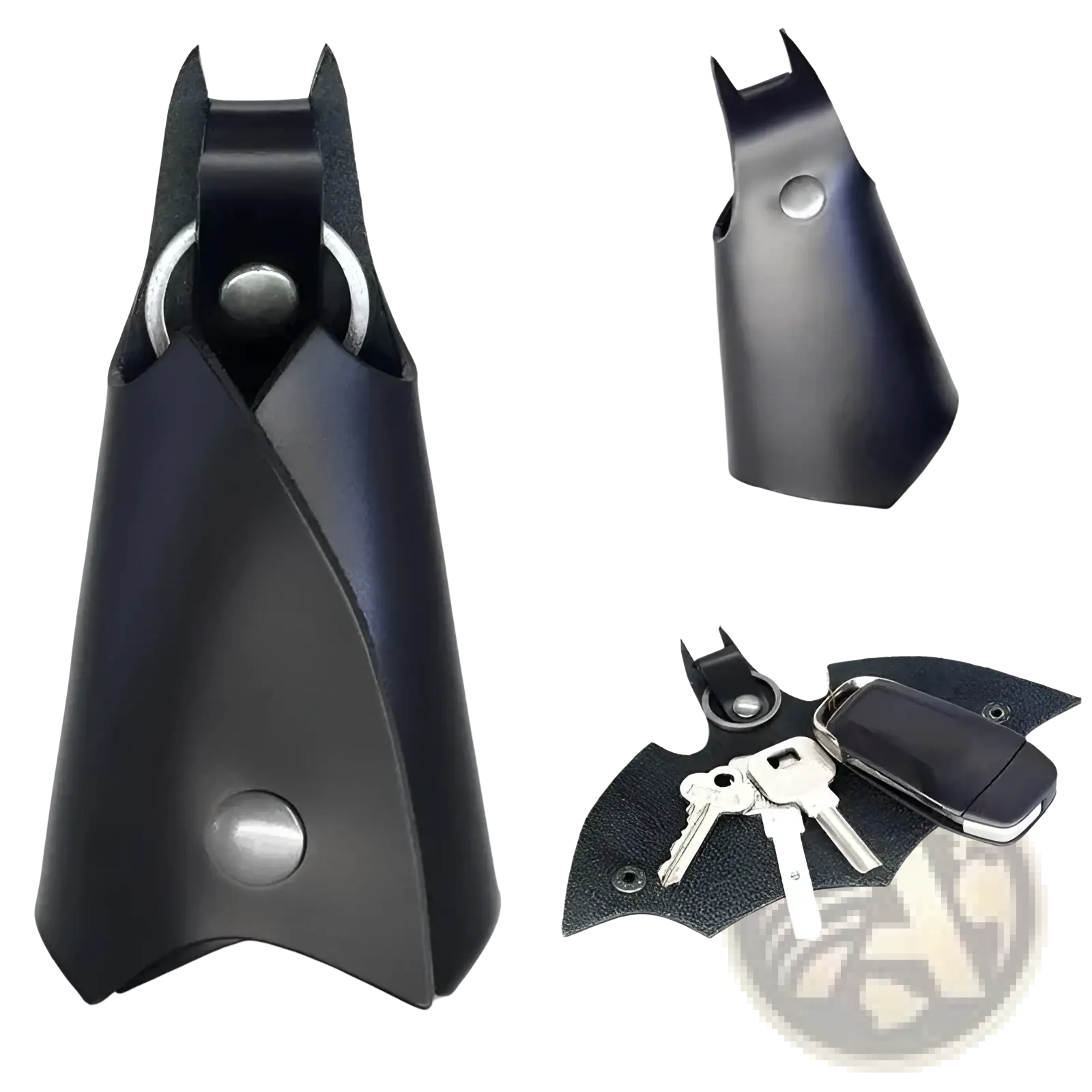 Black leather batman leather keychain and card holder with silver-toned metal ring and snap button closure