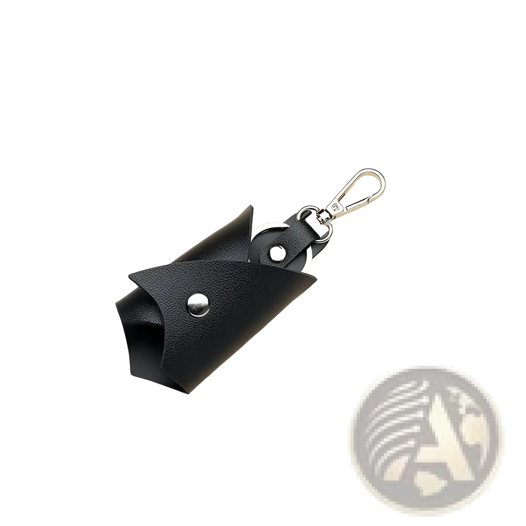 Black leather Batman keychain and card holder with silver metal clasp and rivets for secure carrying