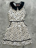 Retro bats print cotton a line dress in white with black peter pan collar and bat print featuring black waistband trim