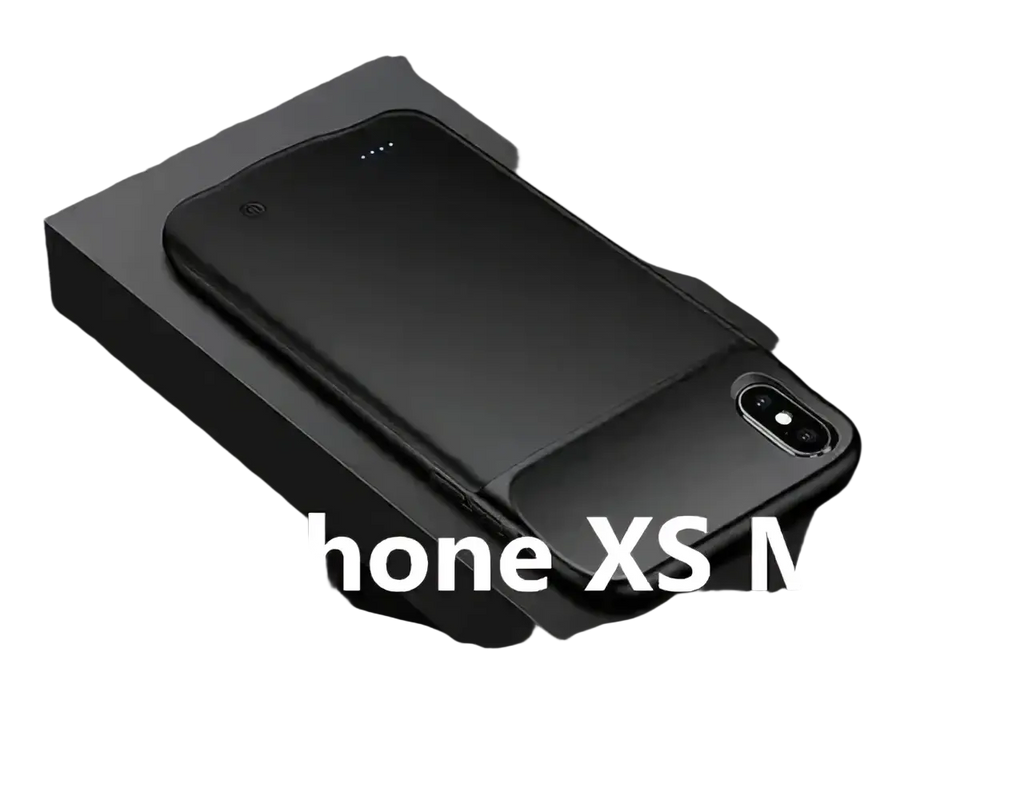 Black battery case for iphone pro max with built-in 10,000 mah battery shown from the back side