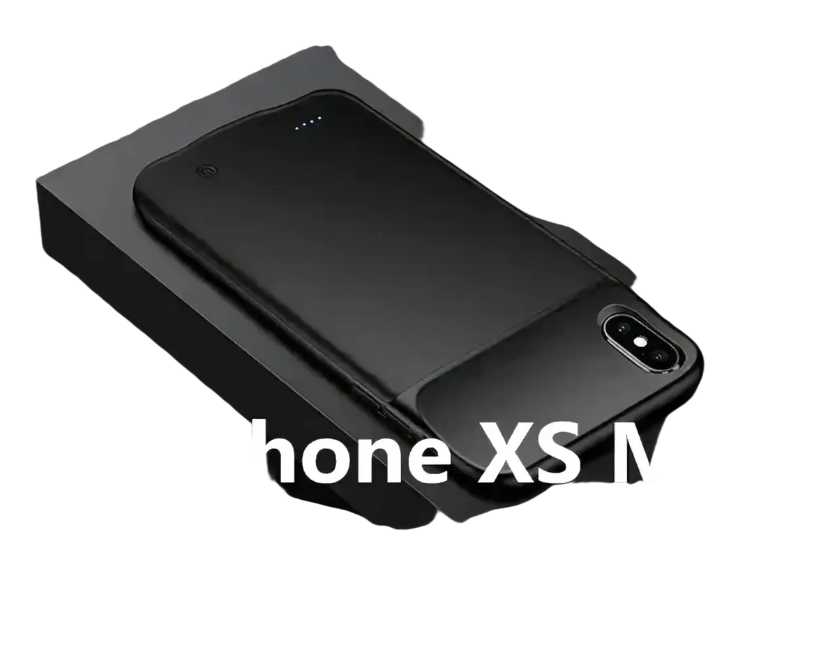 Black battery case for iphone pro max with built-in 10,000 mah battery shown from the back side