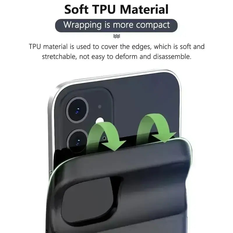 Black battery case for iphone pro max with soft tpu edges for a compact stretchable fit case feature back view