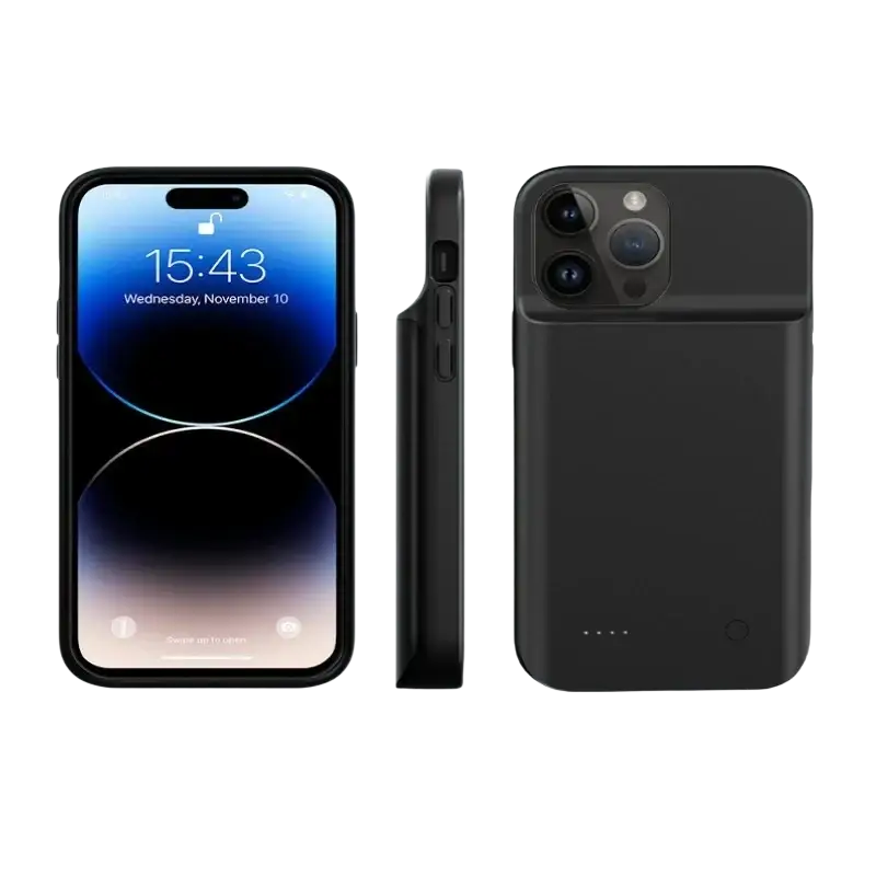 Black battery case for iphone pro max models showing the back side with built-in battery feature