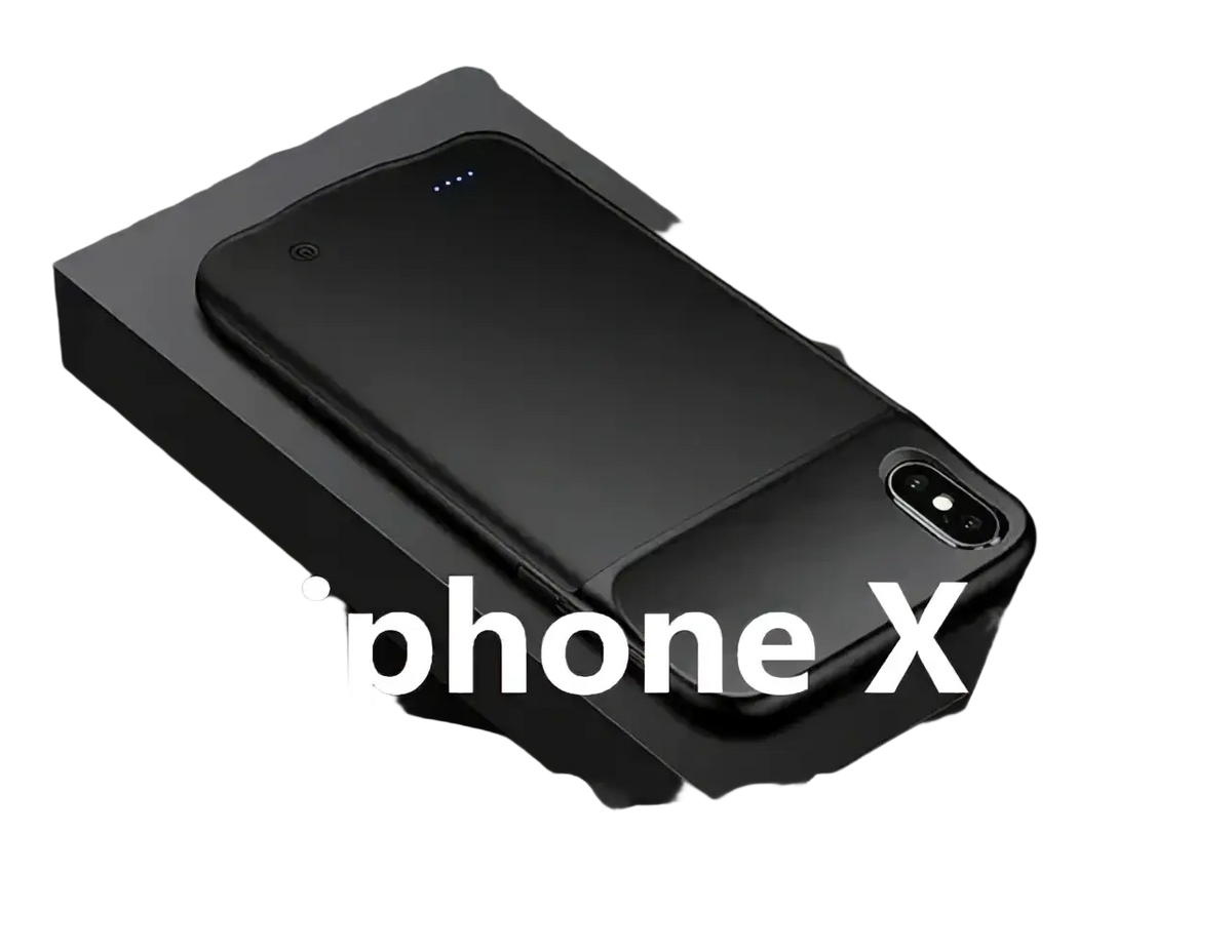 Black battery case for iphone pro max with built-in 10,000 mah battery shown from the back side