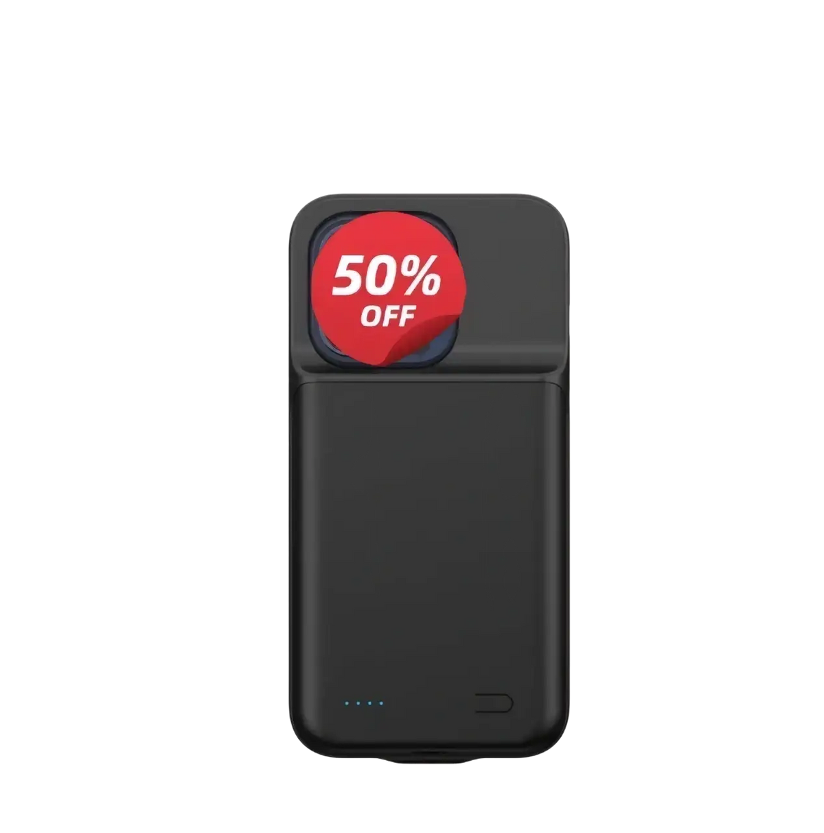 Black rectangular battery case for iPhone pro max with four indicator lights and red 50 percent off sticker on front