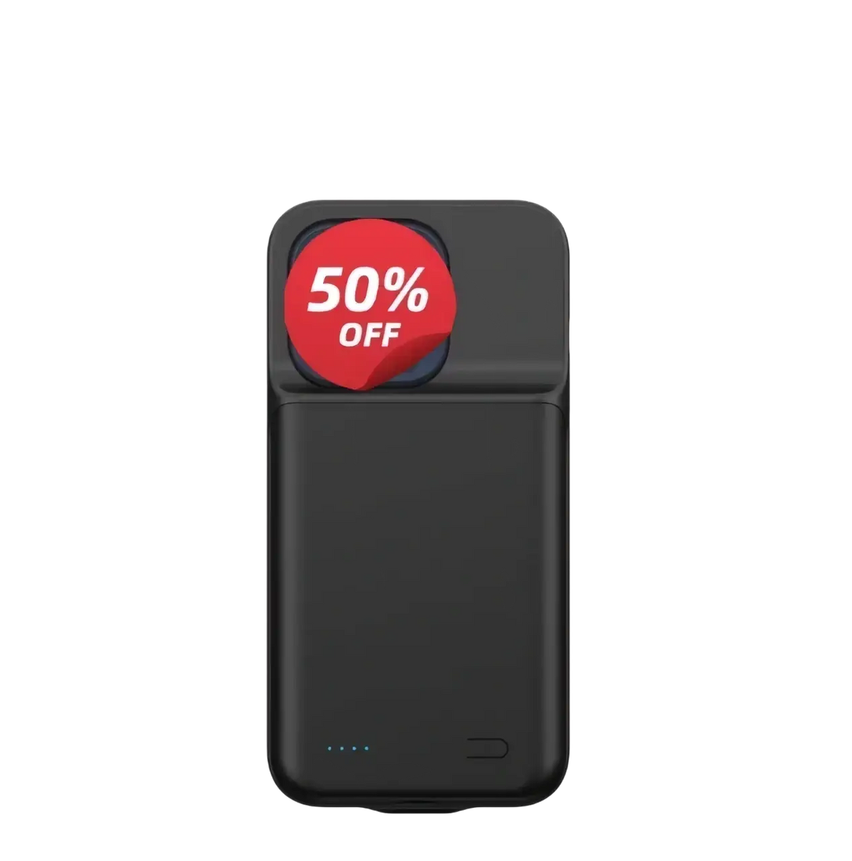 Black rectangular battery case for iphone pro max with 50 percent off sticker and four blue led case feature indicators