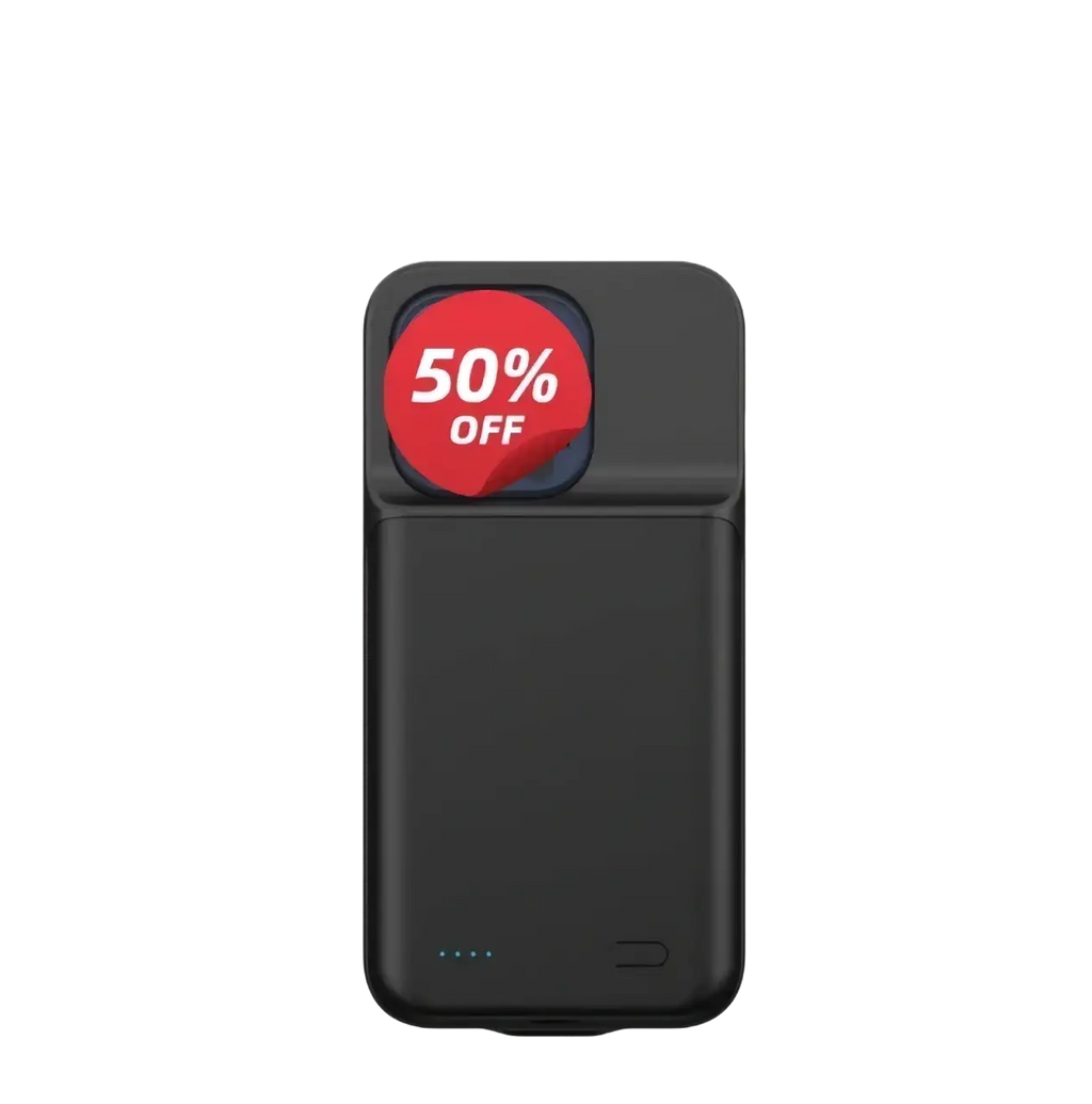 Black rectangular battery case for iPhone Pro Max with four blue LED indicators and a red 50 percent off sticker