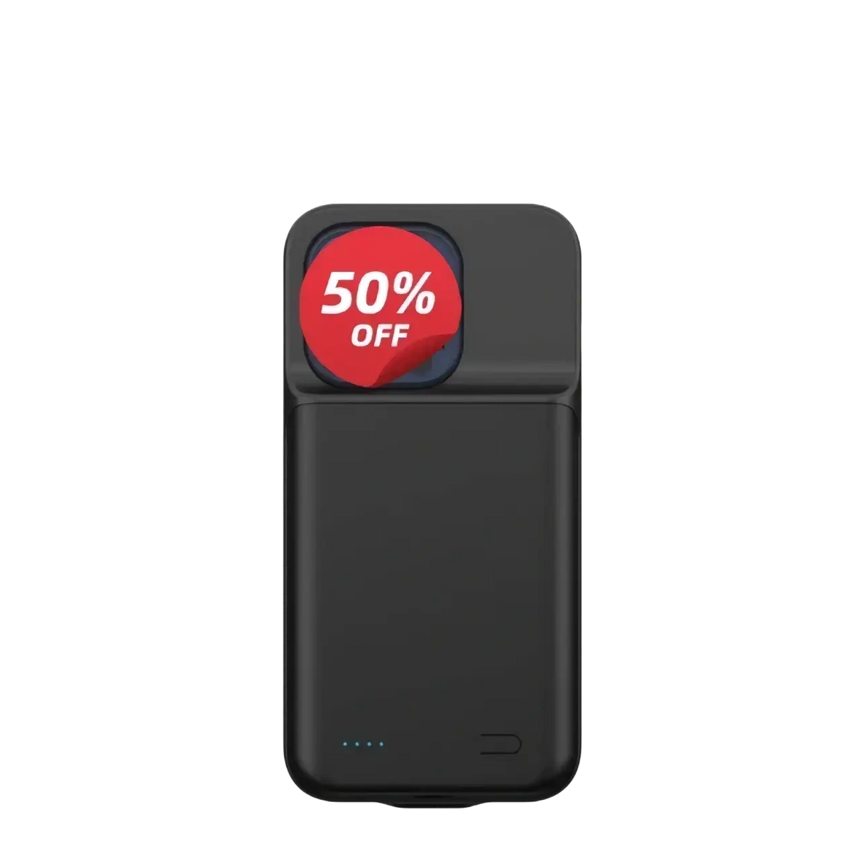 Black rectangular battery case for iPhone Pro Max with four blue LED indicators and a red 50 percent off sticker