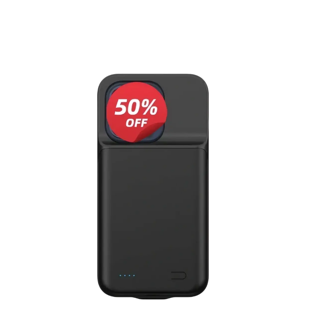 Black rectangular battery case for iphone pro max featuring a durable design and 50 percent off promotion sticker