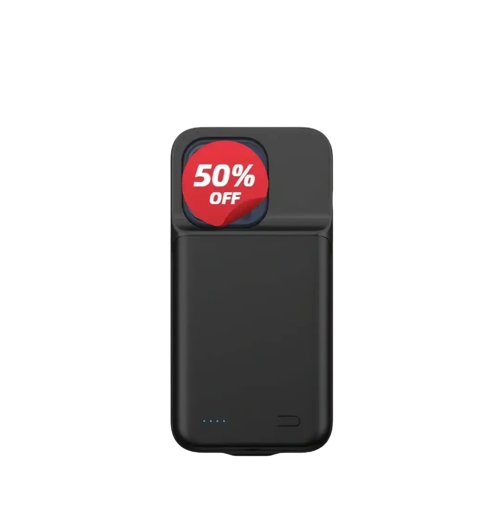 Black rectangular battery case for iphone pro max with four indicator lights and 50 percent off red sticker on top left