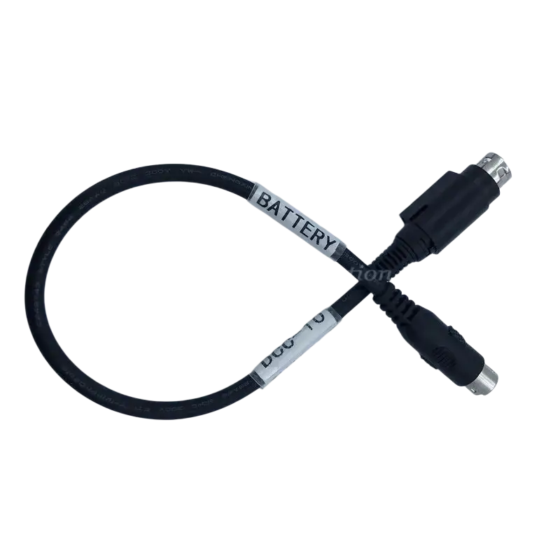 Black coiled battery charger cable with metallic connectors and white labels for Fujikura fusion splicer optical fiber fusion