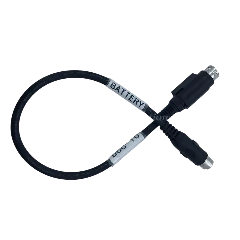 Black coiled battery charger cable with two metallic connectors and white labeling for Fujikura fusion splicer