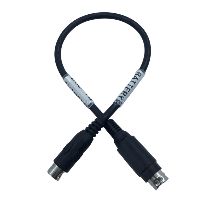 Battery charger cable for Fujikura fusion splicer with black coiled cable, two BNC connectors, and white battery label