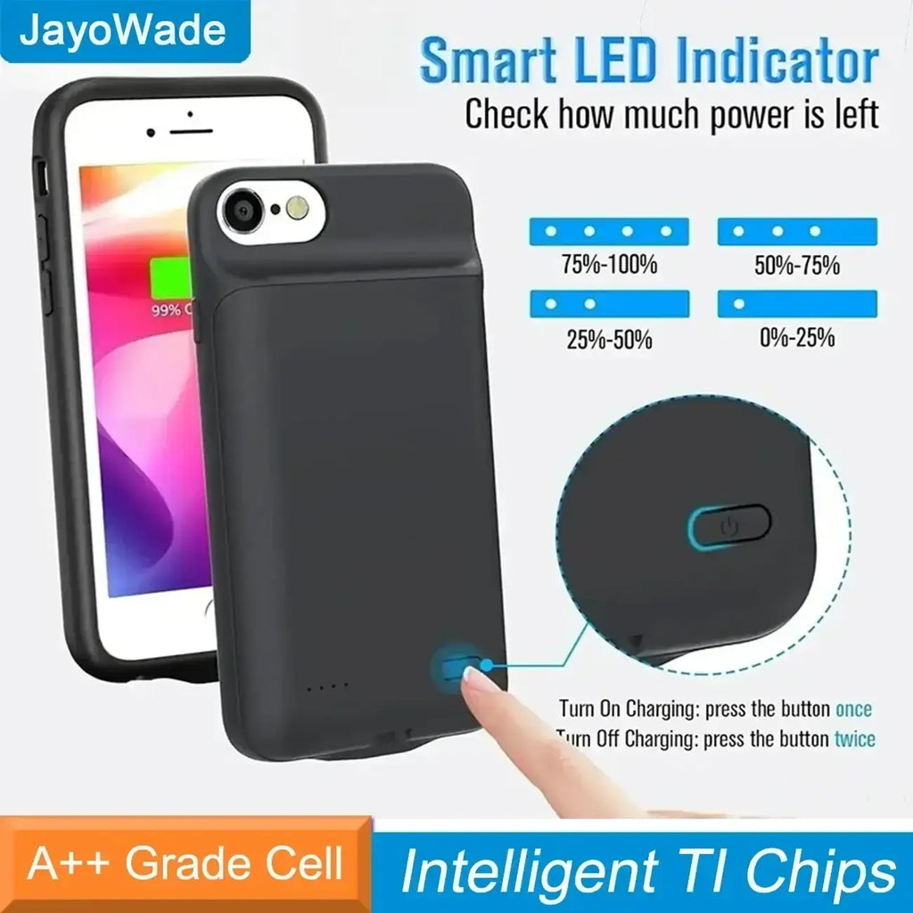 Black jayowade smart led indicator battery charger case for iphone 6 7 8 se with built-in power level display