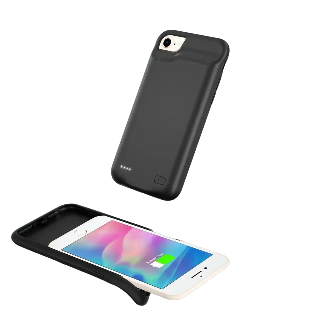 Black battery charger case for iphone 6 7 8 se with sleek matte finish and integrated charging port on the back side