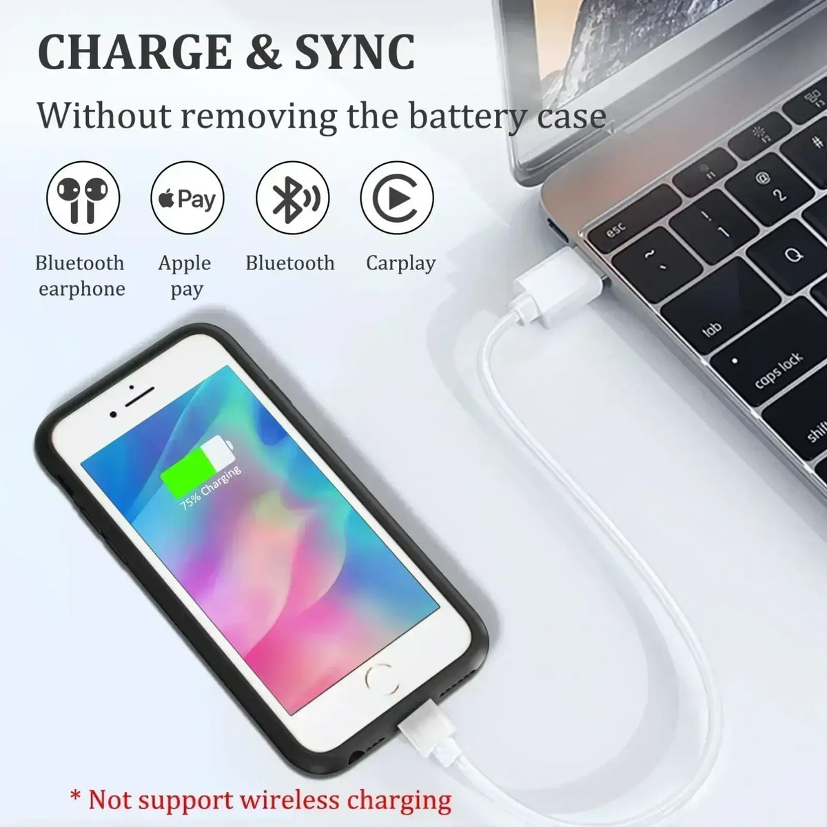 Black battery charger case for iphone 6 7 8 se with integrated charging port and bluetooth connectivity backside view