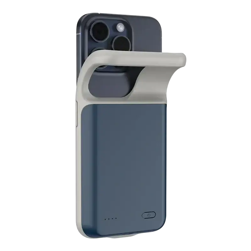Blue iPhone charger case with white grip and power bank attachment battery charger case for all series models