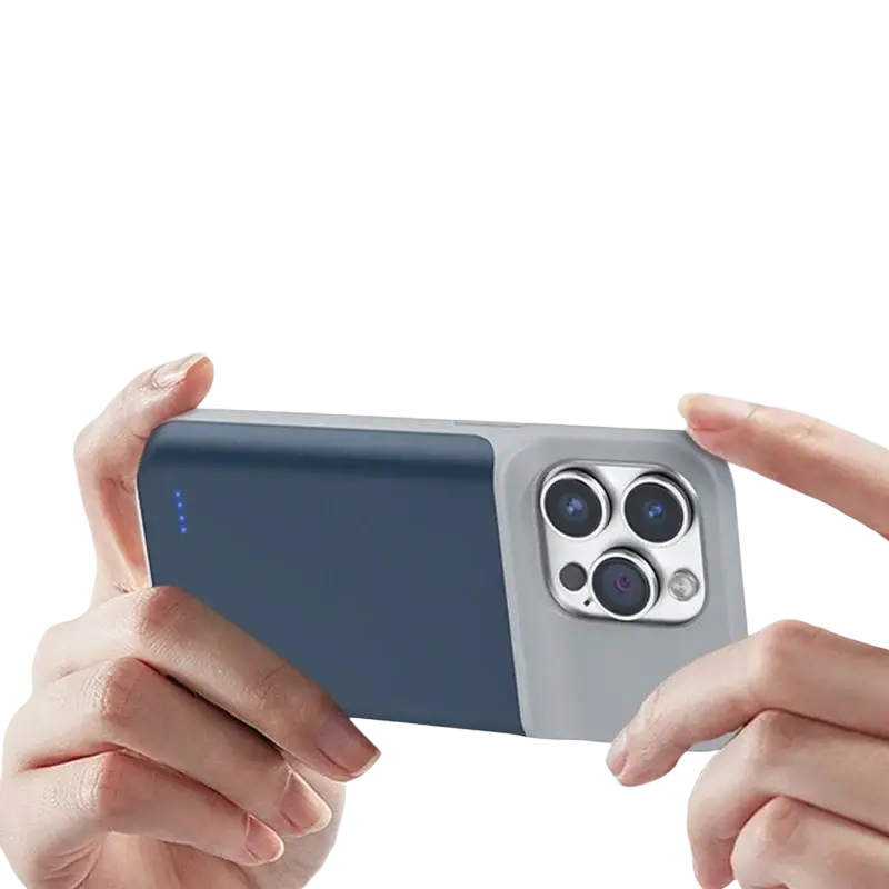 Dark blue and gray battery charger case with sleek modern design snugly fitting iphone all series for extended use