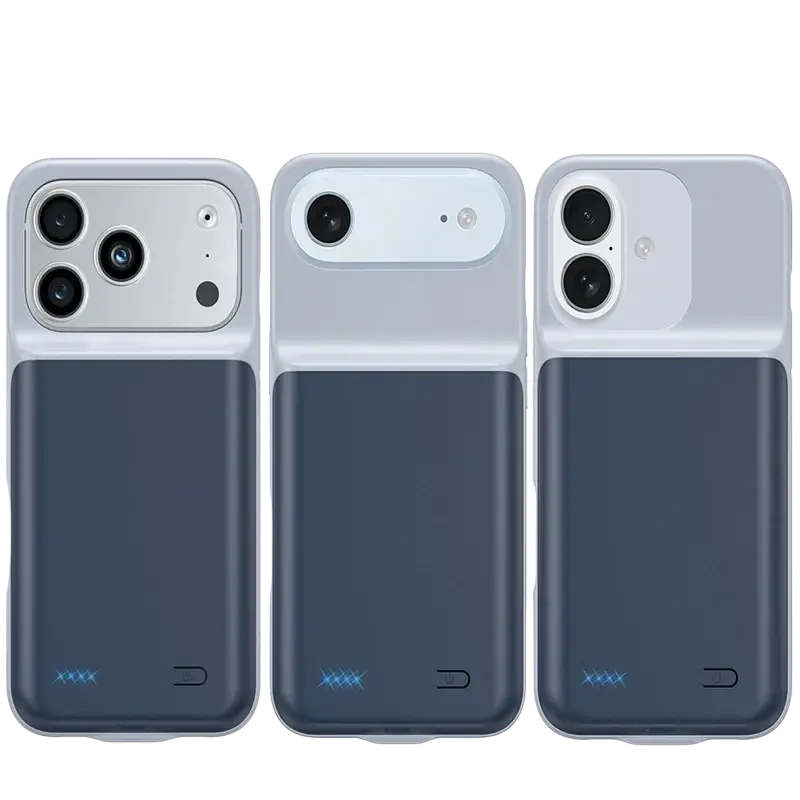Silver and dark gray battery charger case for iPhone all series with sleek design, camera cutouts, and blue LED indicators