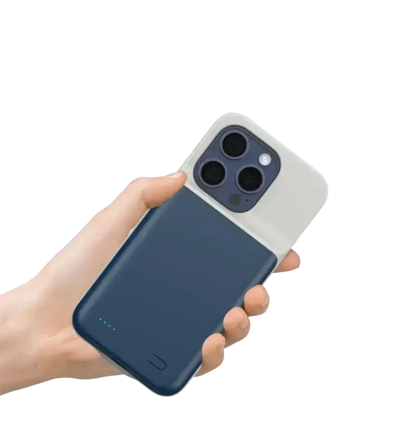 Back side of a sleek navy blue and white battery charger case for iphone all series with built-in battery and minimalist design