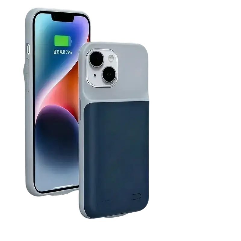 Battery charger case for iPhone all series with sleek two-tone design in light gray and dark navy minimalist style