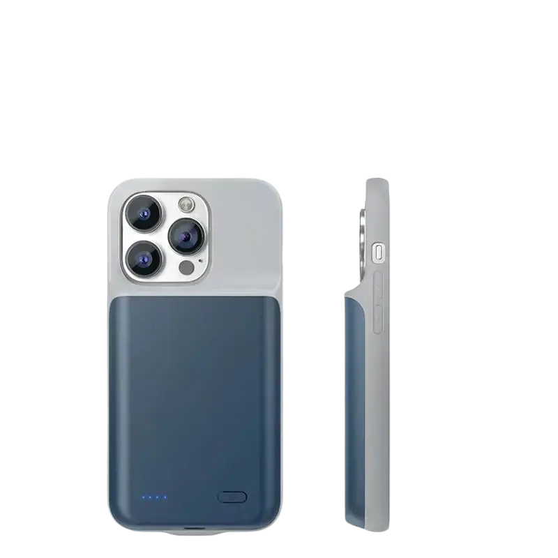Back of a sleek two-tone battery charger case for iphone all series with matte white top and smooth navy blue panel