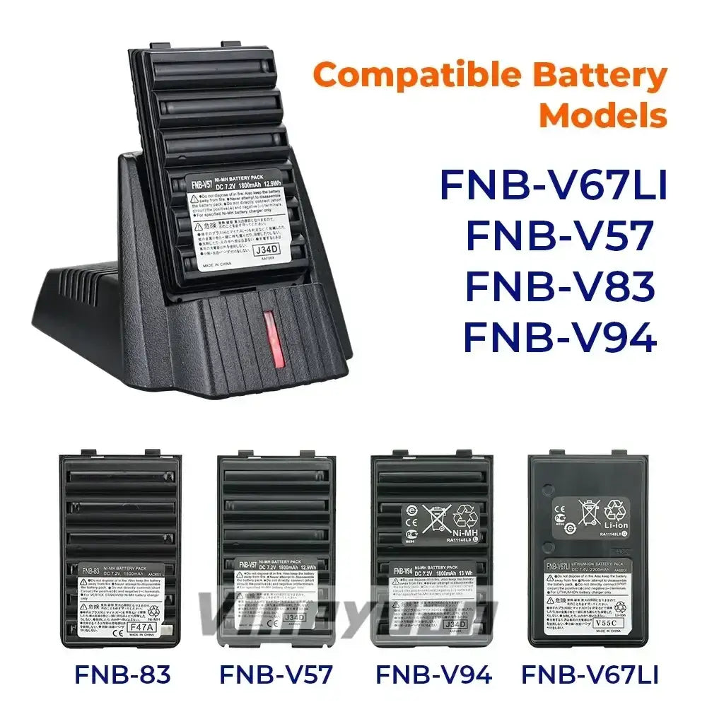 Battery charger for Yaesu Vertex Standard radio in black plastic with ridged grips and compatible fnb-v67li battery inserted