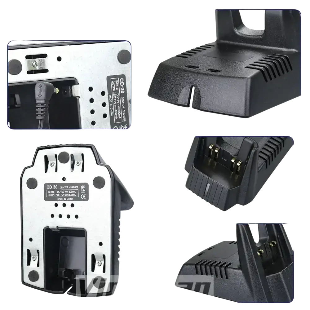 Black plastic cd-30 battery charger with matte finish and ventilation slots for Vertex Standard radios