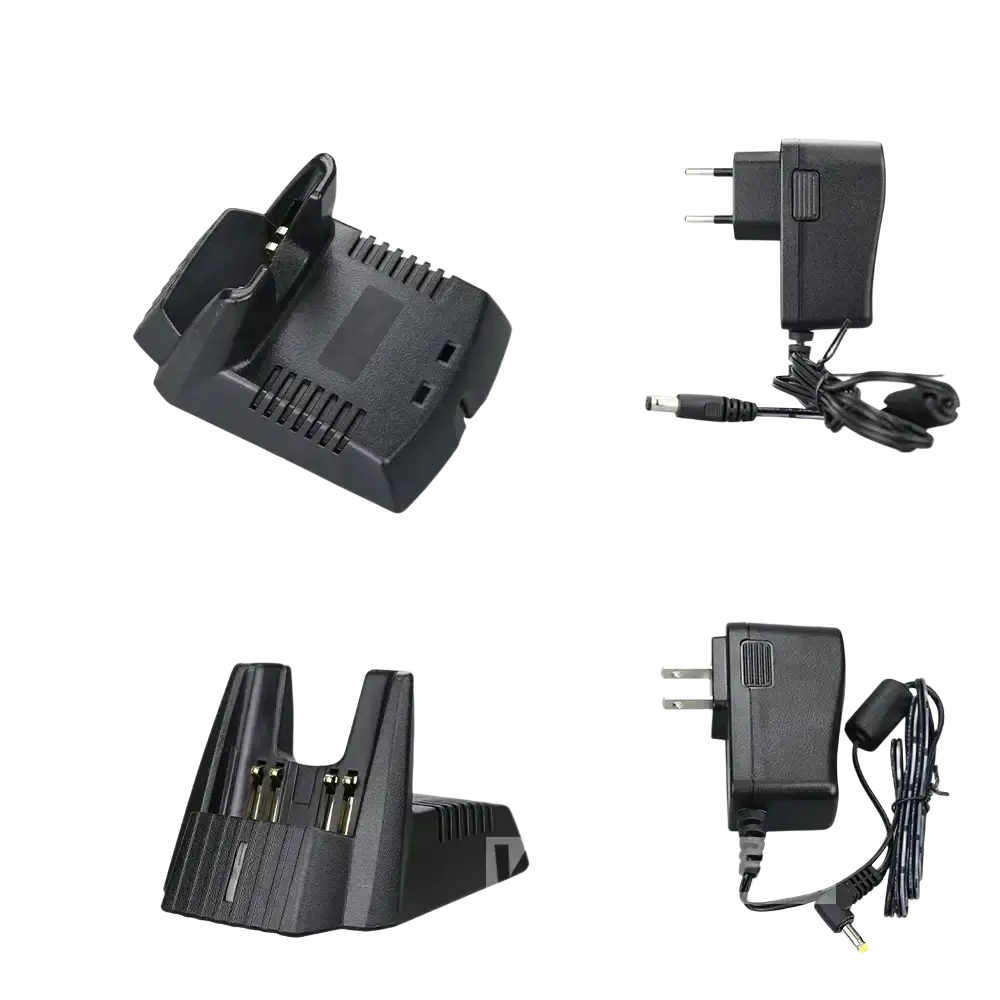 Black plastic dual-battery charger for vertex standard radios with matching power adapter and cable