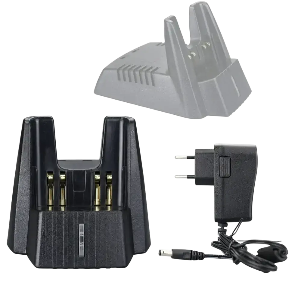Black plastic battery charger with two slots and gold contacts for vertex standard radio with matching power adapter