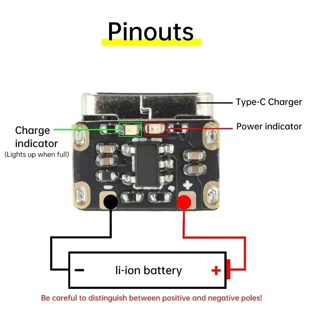 Black battery charging board with type-c charger port charge and power indicator leds for 18650 li-ion batteries