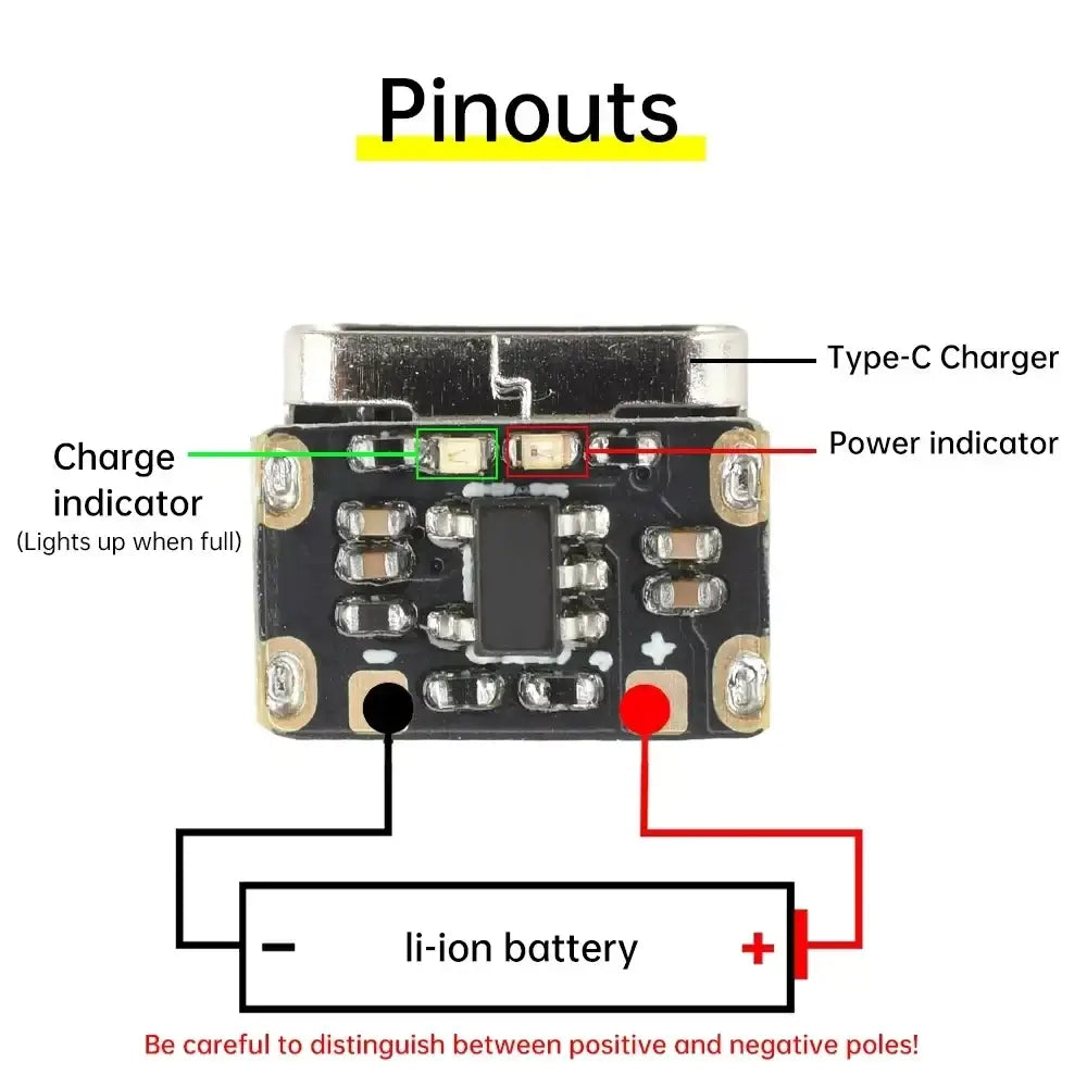 Black battery charging board type c for 18650 li-ion with silver contacts and labeled trickle charge pinouts