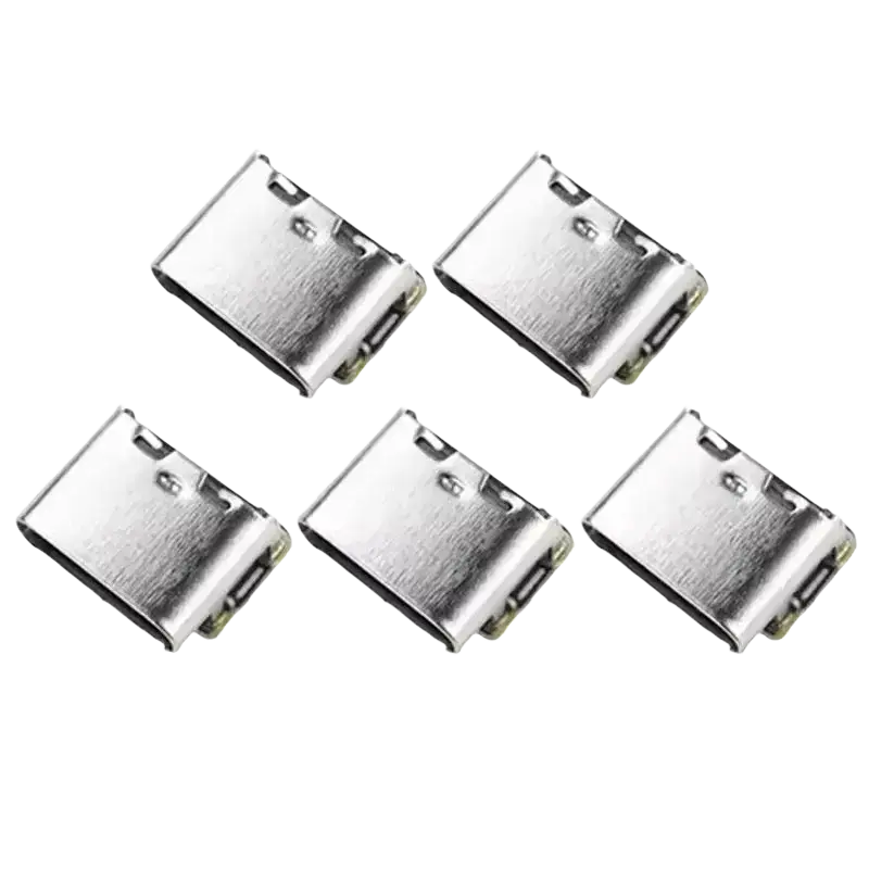 Five silver-colored metal usb type-c port covers with brushed finish for battery charging board for 18650 li-ion