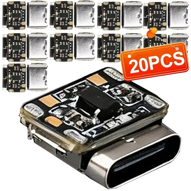 Silver usb-c battery charging board with black circuitry and orange accents for 18650 li-ion trickle charge