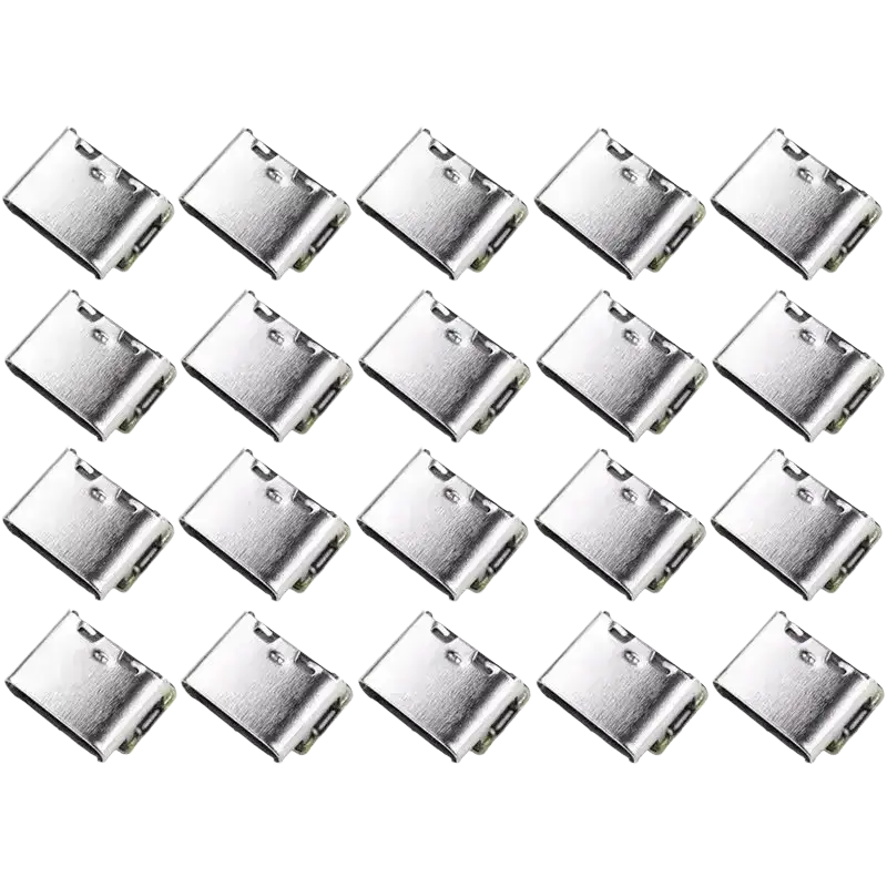 Silver metallic rectangular usb-c charging port connectors on a battery charging board for 18650 li-ion batteries