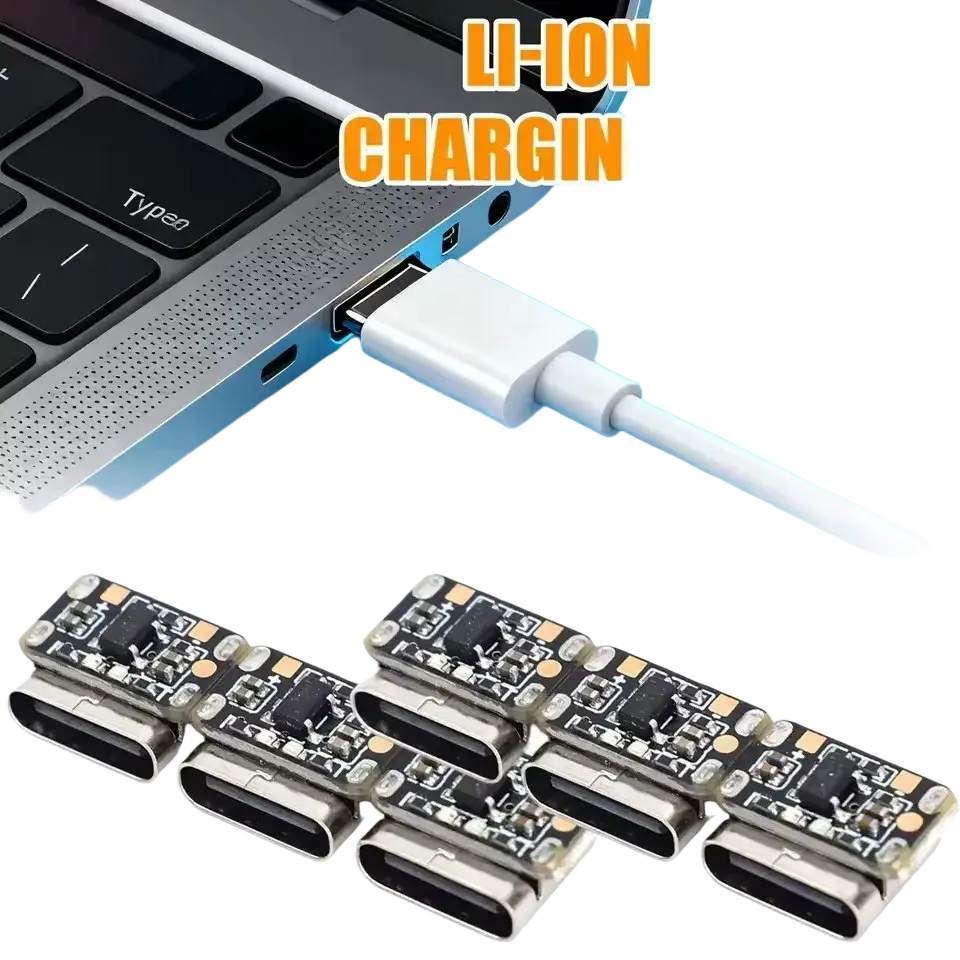White usb-c battery charging board with black circuitry and metallic connectors for 18650 li-ion trickle charge