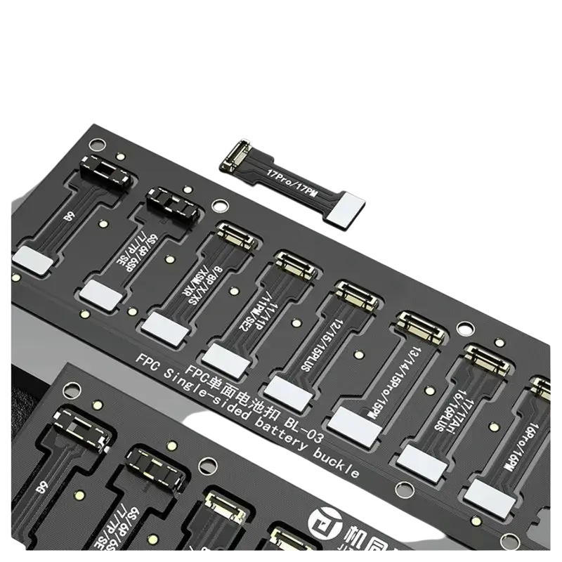 Black fpc single-sided battery connector with silver metallic connectors and white tabs for iphone 6 to 17 pro max use