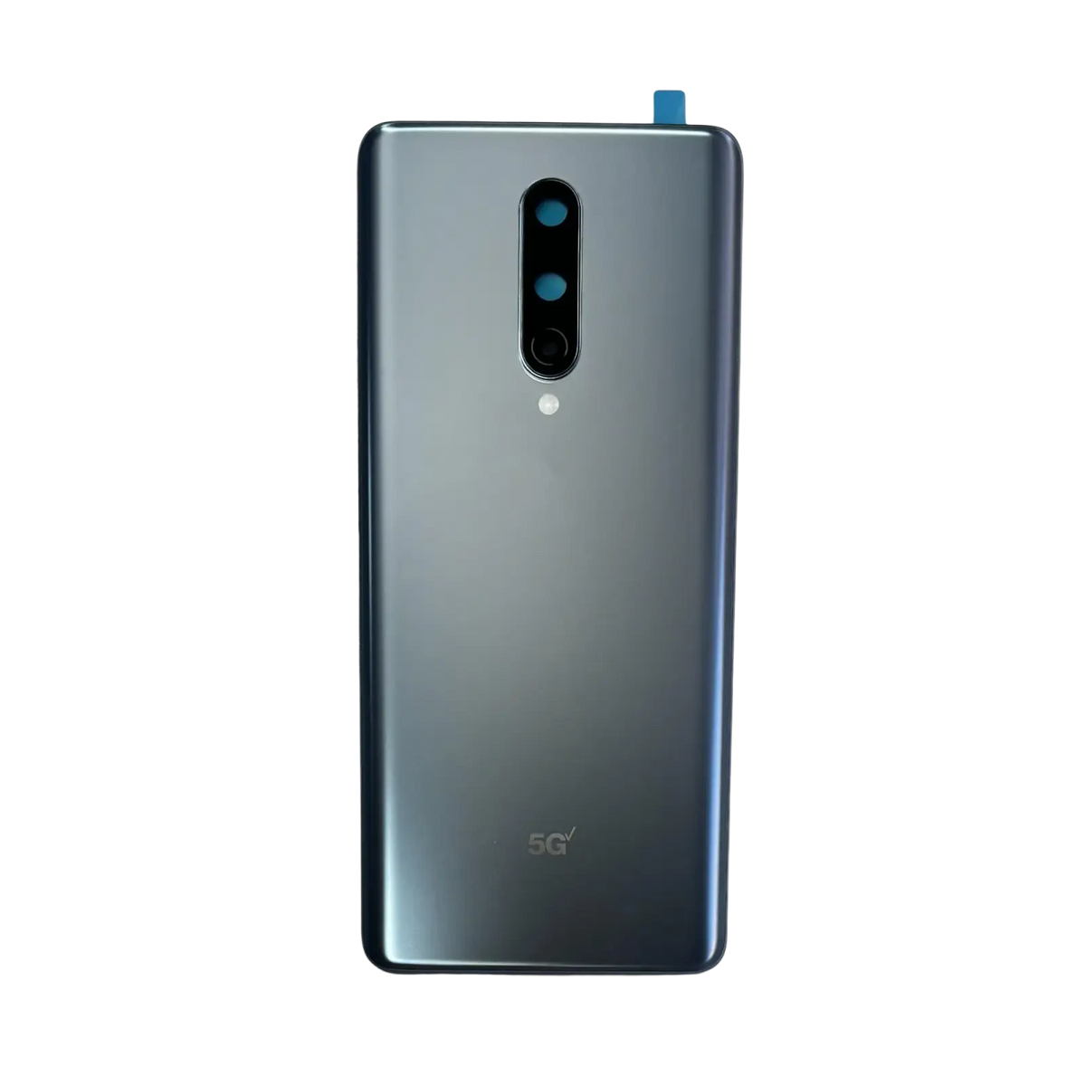 The back panel of a gradient blue oneplus 8 with a battery cover hard gorilla glass and vertical triple-camera array
