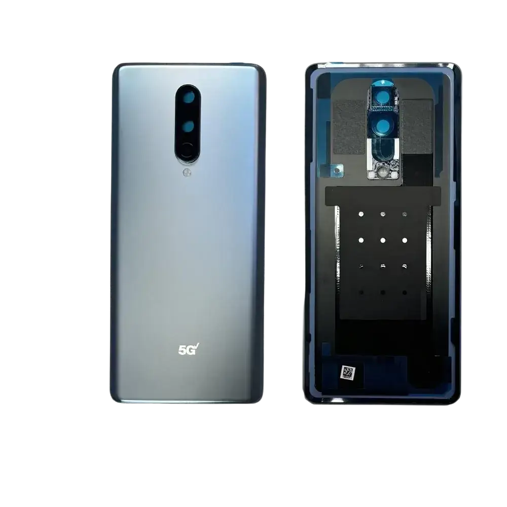 Silver gradient back panel of oneplus 8 pro cover hard made of battery cover hard gorilla glass with 5g logo and triple camera