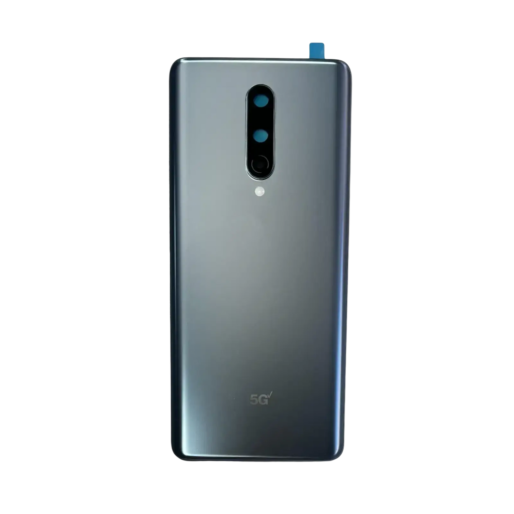 The back of a gradient silver battery cover hard gorilla glass for oneplus 8 with triple-camera and 5g branding