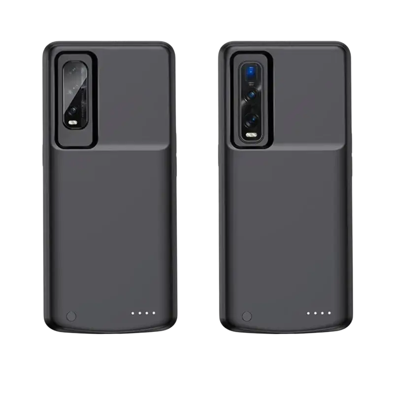 Black battery cover power bank case showing back side for oppo find x2 and find x2 pro models with case features