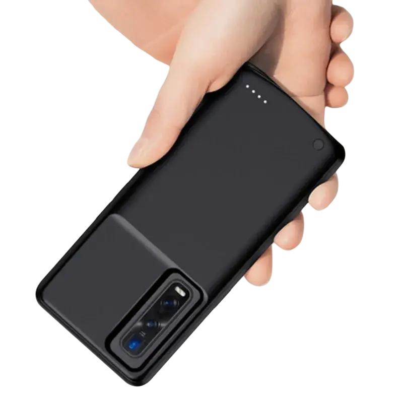 Black battery cover power bank case for Oppo Find X2 Pro with integrated battery pack and camera cutout backside view