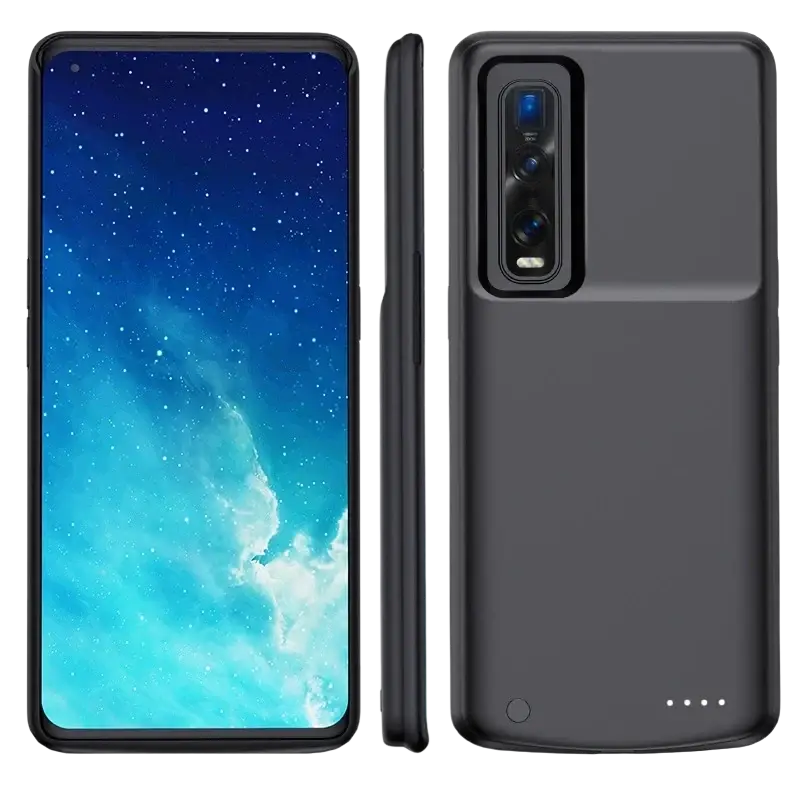 Black battery cover power bank case for oppo find x2 pro showing back side with vertical camera module and power indicator dots