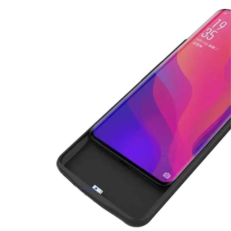 Black wireless battery cover case for oppo find x2 pro with sleek zinc alloy interface and power bank features back side view