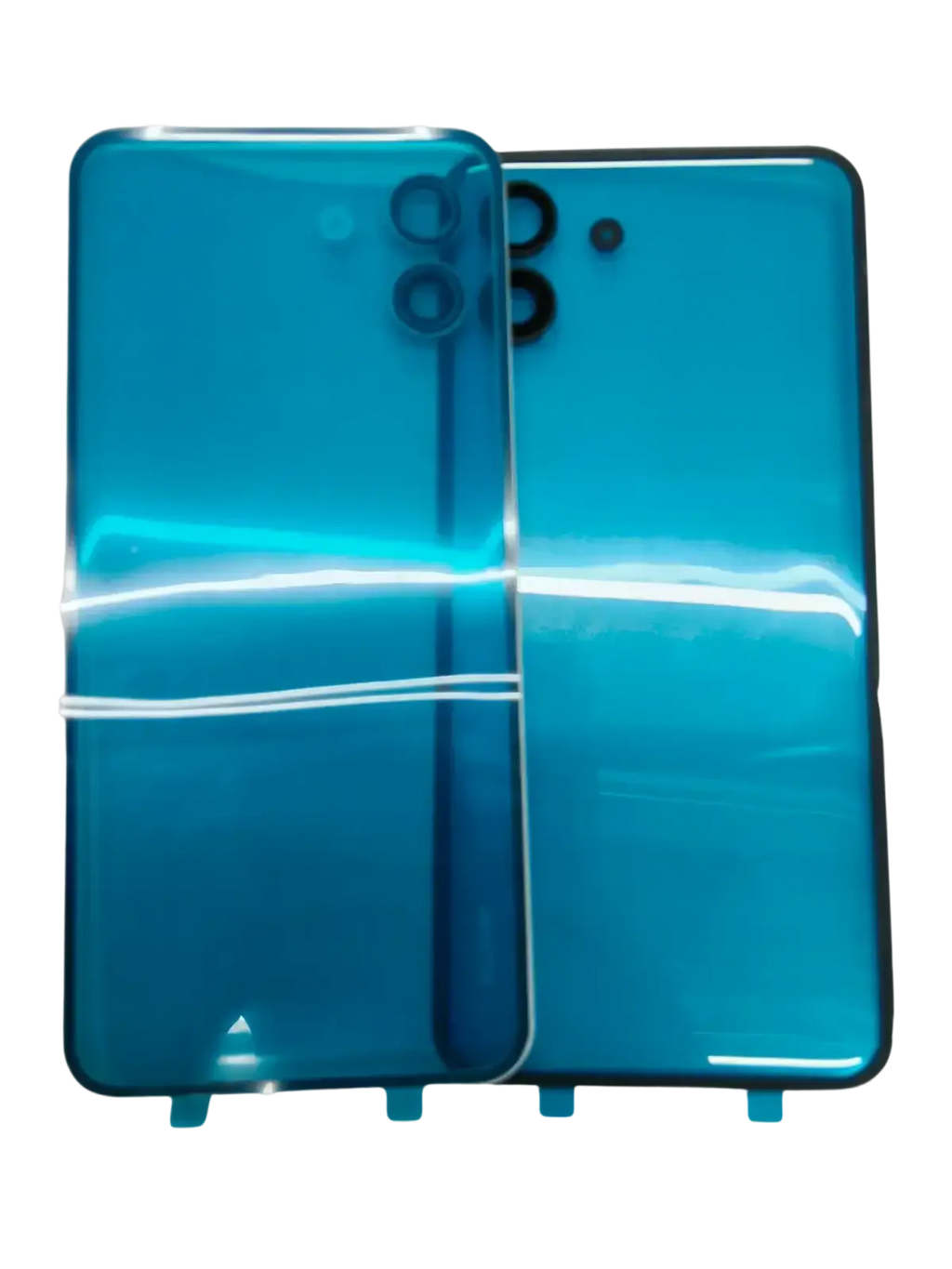 Back side of blue transparent battery cover with vertical camera module and glossy finish for battery cover repair