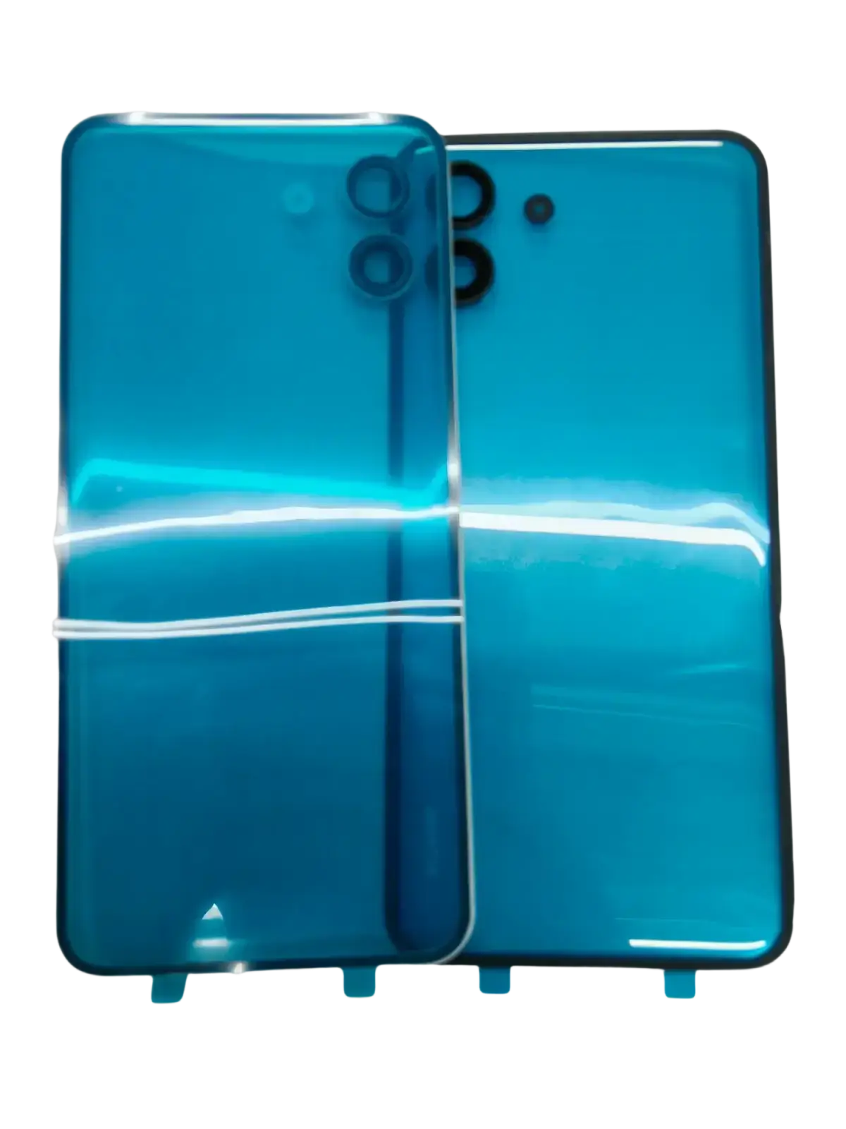 Back side of blue transparent battery cover with vertical camera module and glossy finish for battery cover repair