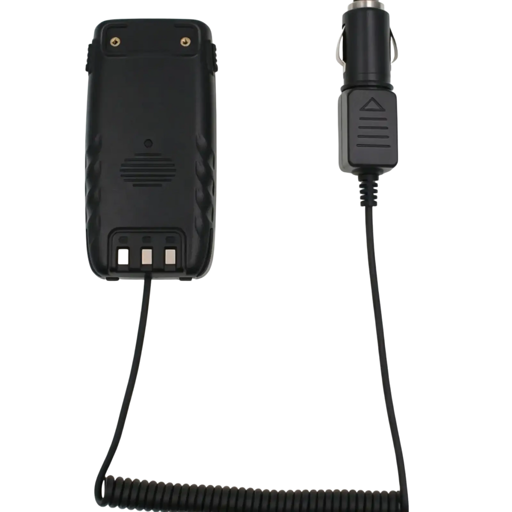 Black battery eliminator 12v portable connected to black radio battery pack via coiled cable for Qyt Kt-8r use